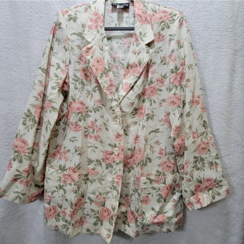 Vintage 90s Linen Blend Floral Blazer Jacket 8P Workwear Office